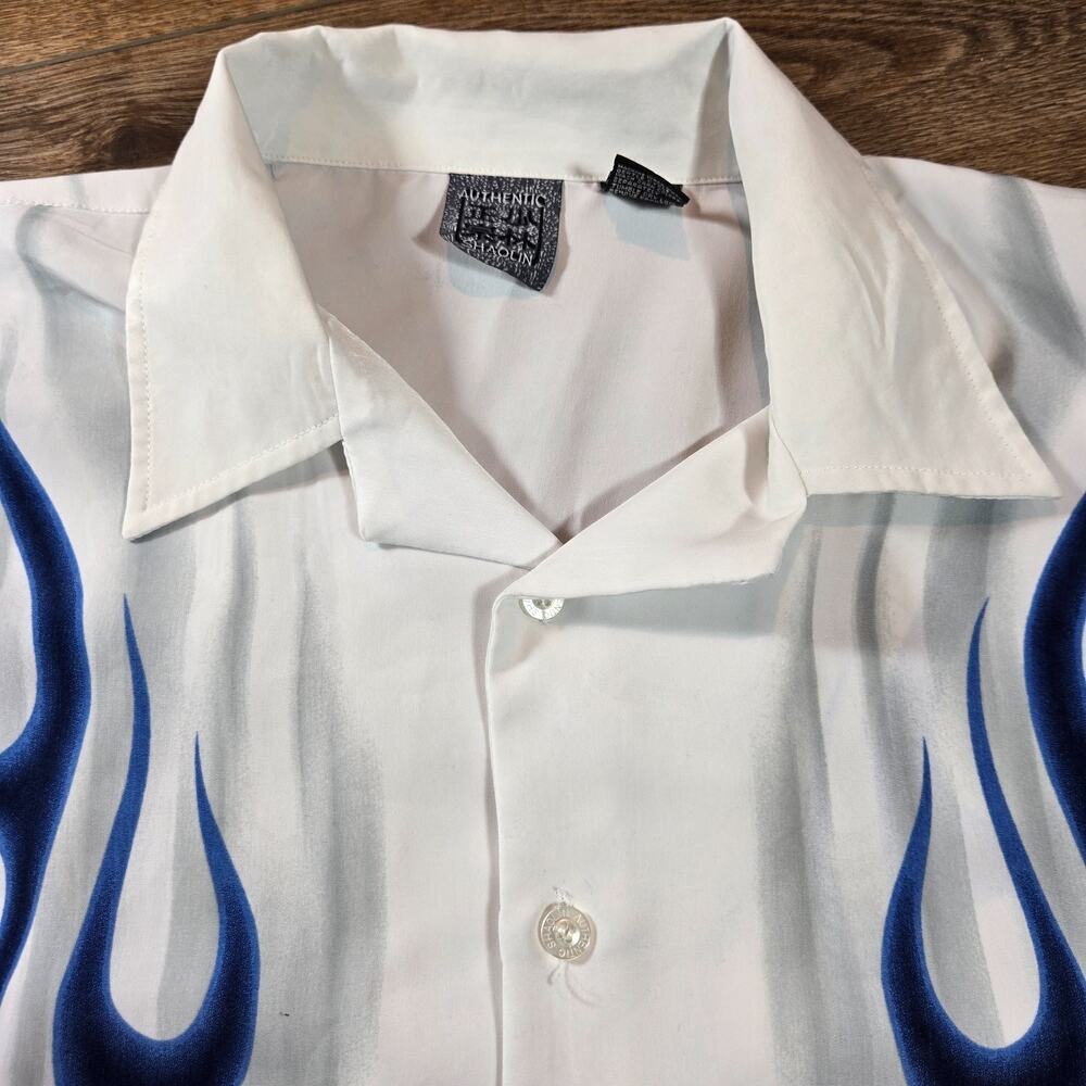 Authentic Shaolin Shirt Mens L White Blue Flame Button Up Short Sleeve Y2K Style - Picture 3 of 8